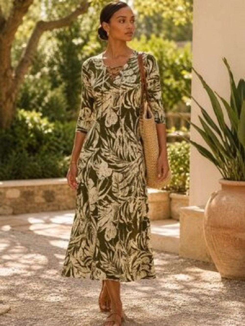 Lauren Ralph Lauren Green and Tan Palm Leaf–Print Jersey Midi Dress, Size 4